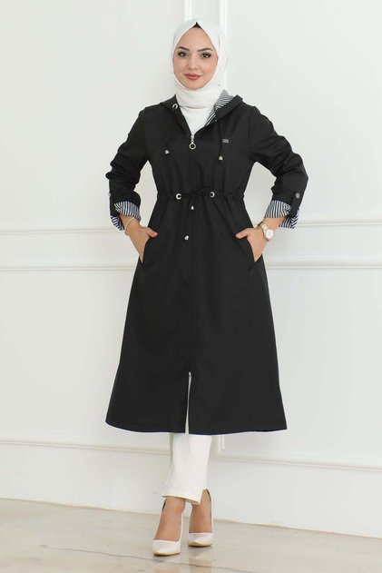 Hooded Zippered Trench Coat Black 19205