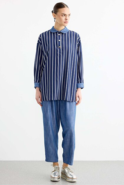 Striped Viscose Suit Dark Blue