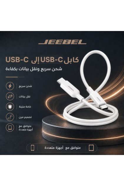 | كابل شحن سريع من USB-C إلى USB-C - 1.2 متر - أبيض - توصيل طاقة 60 واط