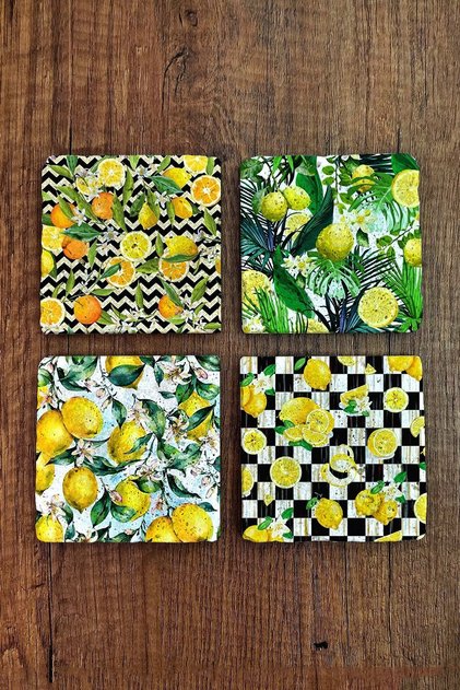 Natural Stone Coasters Set of 4 - 10x10x1cm Lemon Patterns Printed - Stone Coasters
