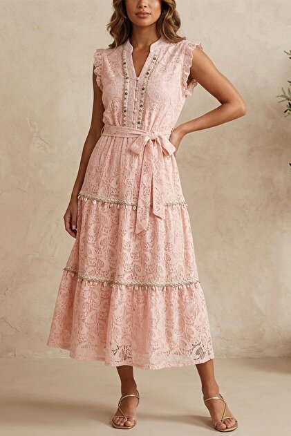 Roma Roma Midi Lace Dress - Bohemian-Inspired with Shell Embellishments-  Trendyol