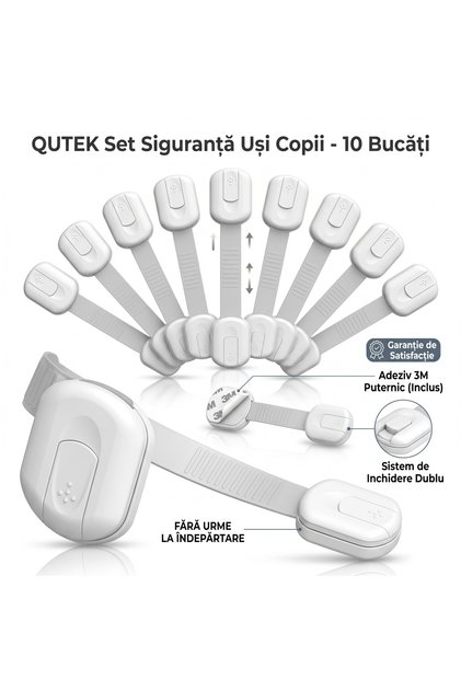 Set 10 Sigurante Copii si Bebelusi, Blocator Usi, Sertare si Frigider, Lungime Ajustabila, Adeziv 3M, Inchidere Dubla, Alb
