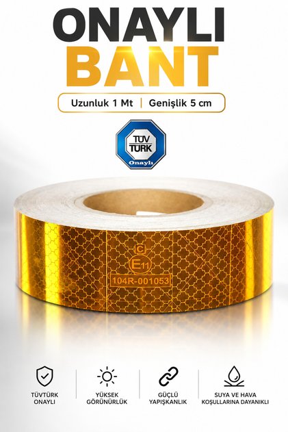 Tüvtürk Onaylı Belgeli Bant 1 Metre 5 cm Sarı Reflektörlü Reflektif Fosforlu Şerit Bant İkaz Bandı