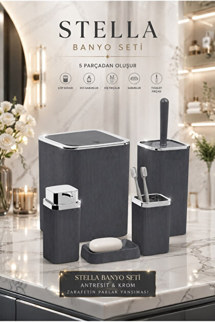 Okyanus Home Stella Antrasit Kromlu Çizgili Kare 5'li Banyo Seti