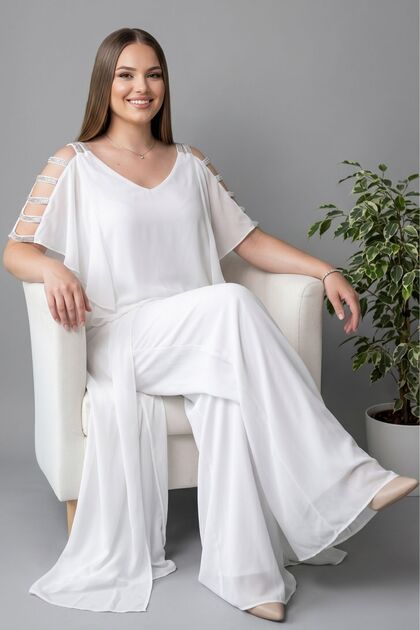 Ekru Omuzları Taş Detaylı Şifon Asimetrik Bluz - 21919
