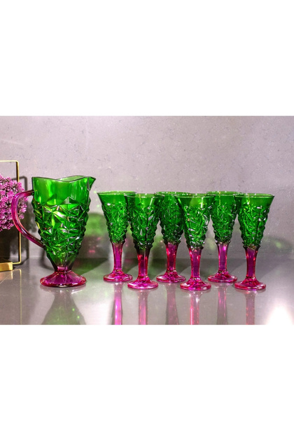 7 Parça Renkli Cam Su, Meşrubat Seti 1,5lt-270cc pembe-Yeşil