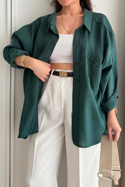 Women's Oversize Low Shoulder Loose Fit Emerald Green Shirt