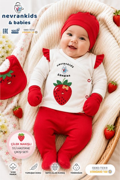 Nevrankids Strawberry Embroidered Newborn 5-Piece Hospital Discharge Set