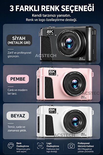 ACSTECH 8K Dijital Fotoğraf Makinesi 88MP | WiFi Bağlantı | 3.0