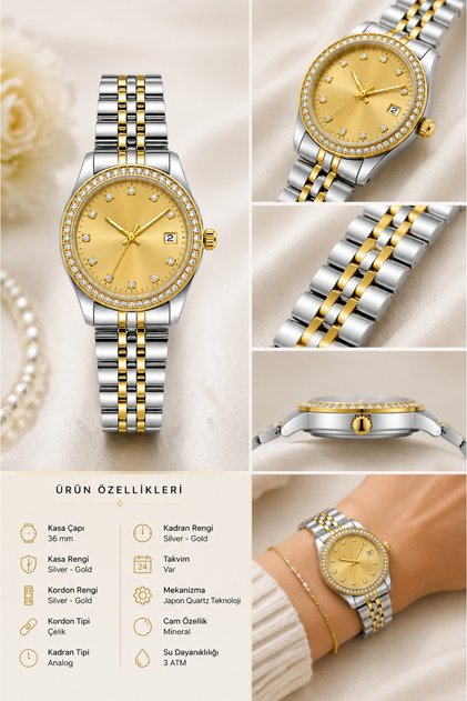 Women's Silver Color Stone Detailed Steel Band Calendar Wristwatch