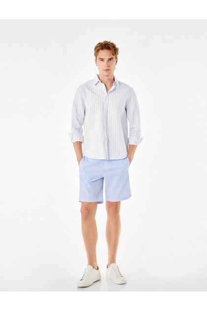 Striped Regular Fit Summer Shorts with Pockets and Lace-Up Waist