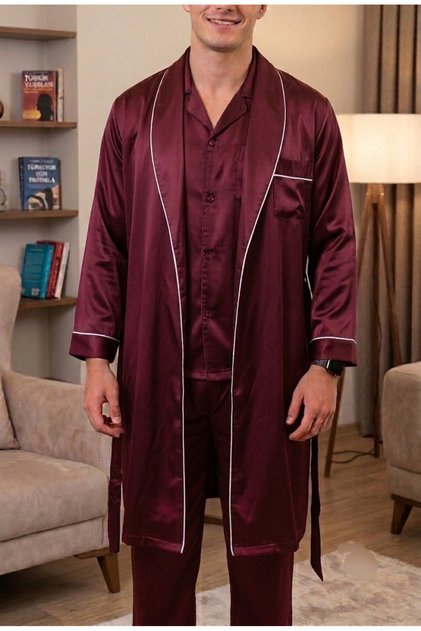 Erkek sabahlıklı saten pijama takımı 3lü