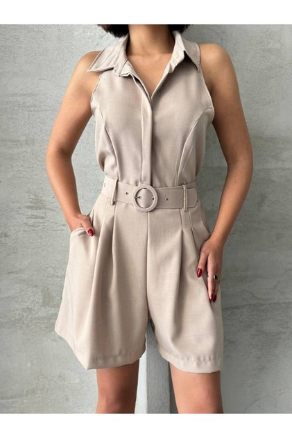 Women's sleeveless shirt collar stylish linen jumpsuit with straw belt detail