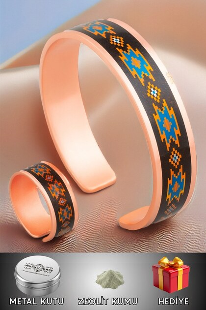 Women's Copper Bracelet Ring Set - Victoria Model Special Edition Metal Box Zeolite Sand