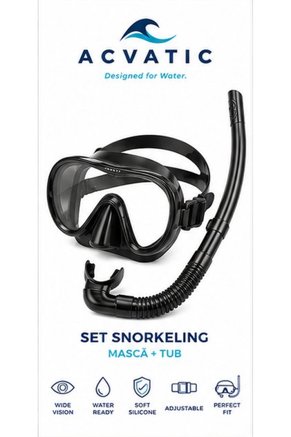 Set de snorkeling, Mască anti-aburire / Tub de snorkeling, Silicon, Negru, Unisex