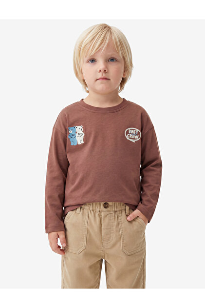 Oversize-T-Shirt aus Baumwolle mit Teddybär-Stickerei, langen Ärmeln und Rundhalsausschnitt
