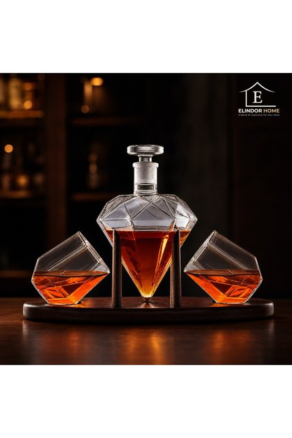 Set de decantoare pentru whisky în formă de diamant cu 2 pahare și suport din lemn de mahon, 750 ml, elegant