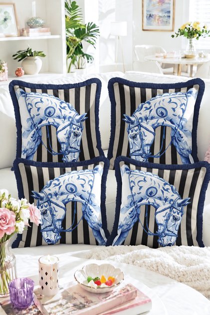 Blue Horse Figured Black and White Striped 4-Piece Fringed Throw Pillow Cover - Tasseled Pillowcase Set