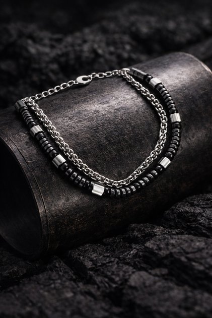 Men's Steel Bracelet - Double Row Round King Chain Natural Hematite Stone Bracelet