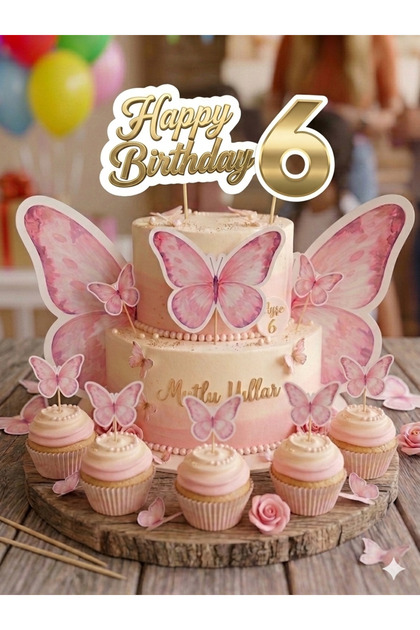 مجموعة زينة كعكة عيد الميلاد وديكورات الحفلات بتصميم الفراشة الوردية) (منتجنا هو زينة الكعك، لا يشمل الكعكة)