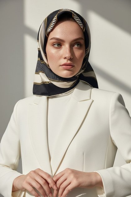 %100 Twill İpek Zincir Detaylı Geometrik Desenli Siyah - Krem Renkli 90x90 Eşarp Dikim Şekli : El Di