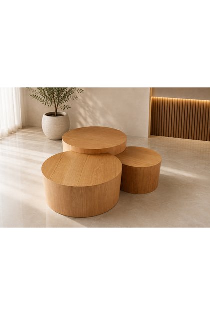 3'lü Yuvarlak Orta Sehpa Seti Ahşap MDF Lam Modern Salon Sehpası İç İçe Geçmeli Coffee Table