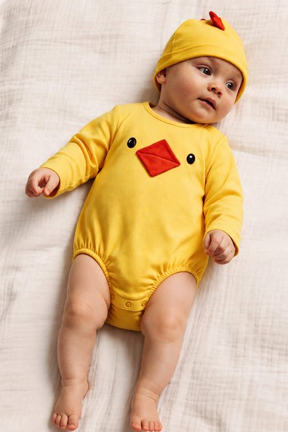 %100 Pamuk Civciv Kostüm Body & Şapka Seti – Unisex Bebek Hediye Seti