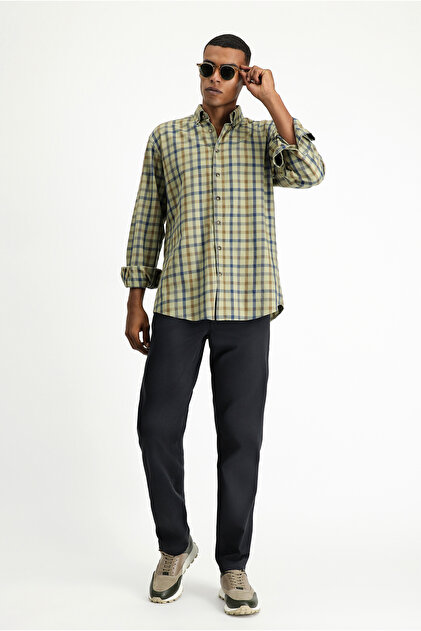 Long Sleeve Regular Fit Plaid Sports Cotton Button Collar Shirt