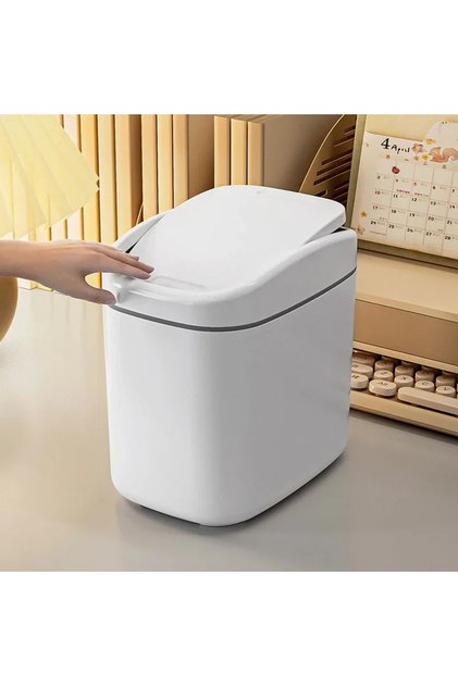WHITE Mini Desktop Trash Can with Lid Cute Creative Waste Bin Small Tabletop Garbage Container for O