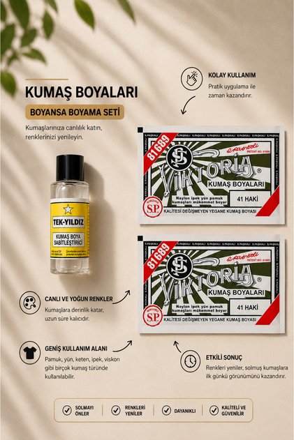 Haki kumaş boyası 2 adet + 1 adet sabitleme özel boyama seti ( pantolon , tişört , kıyafet vb )