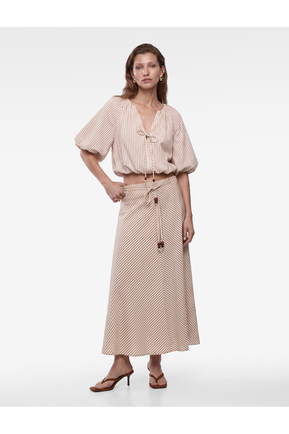 X Melis Ağazat - Viscose Blend Striped Midi Skirt with Tie Belt and Pockets