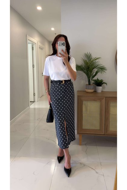 Tolims Smoked Polka Dot Skirt with Slit Detail
