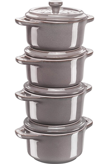Set mini cocote 4 piese rotund, ceramic, gri antic
