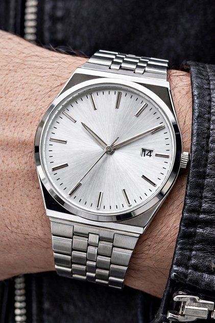 Men's Wristwatch Silver Color Steel Band Calendar Casual and Classic Style with Gift Box
