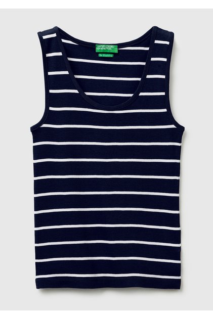 Women's Navy Blue 100% Cotton Striped Round Neck Strappy Tank Top