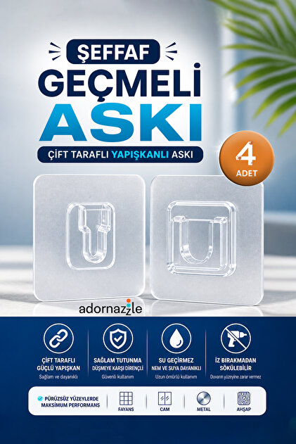 Çift Taraflı Geçmeli Yapışkanlı Askı, Geçmeli Şeffaf Eşya Sabitleme Aparatı, Delmeden Vidasız Geçmeli Klips - 4 Adet