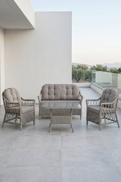 Linaria Serisi 1. Sınf 2+1+1 Gri Rattan Gri Minder Bahçe Balkon Oturma Koltuk Takımı