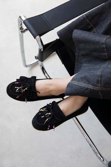Alore Women's Tassel Detail Genuine Leather Suede Ballerinas Black