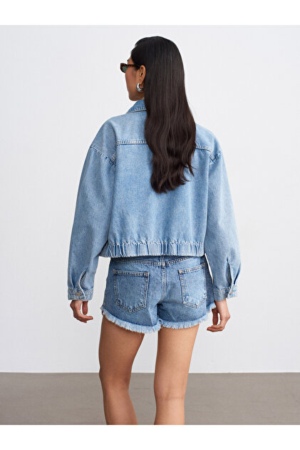 Dilvin 65386 100% Cotton Bomber Denim Jacket-Blue- Trendyol