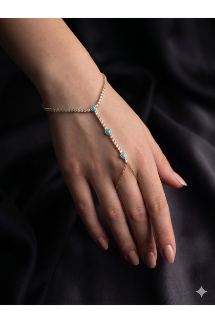 Love Collection Blue Stone Heart Detailed Shahmeran Bracelet – Elegant Women's Hand Chain with Stones, Tarnish-Resistant Plating