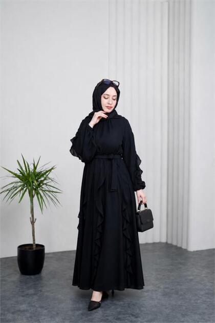 Women's Black Ruffled Belt Detailed Summer Premium Hijab Dress --- Nbvq3150