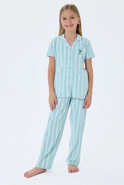 Girl's Licensed Uspa Short Sleeve Shirt Model Water Green Striped Pajama Set
