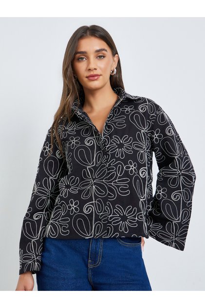 Black Long Sleeve Embroidered Shirt
