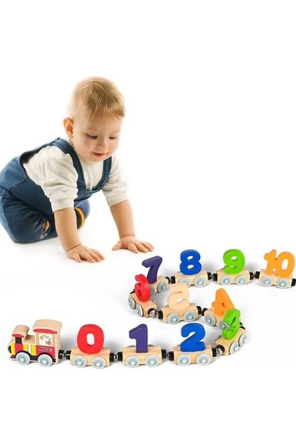 ® Trenuleț din lemn cu numere, set cu locomotivă și 10 vagoane, multicolor, 3+ ani