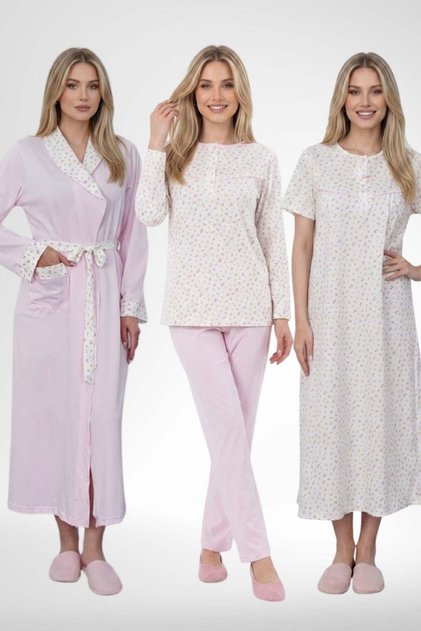 Mecit 6385 Pink Large Size Women's Dressing Gown Pajamas and Short Sleeve Nightgown Set