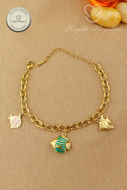 Steel Bracelet - 316L Steel Chain Bracelet with Colorful Fish, Tarnish Resistant 17+5cm
