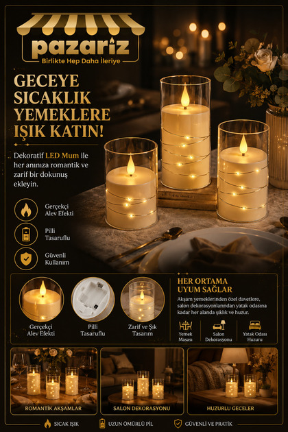 Peri Ledli 3'lü LED Mum Seti Dekoratif Pilli ve Romantik Mumlarla Evinize Işıltı Katın EriyenPilli Mum Noel Mumları Pencere Mumları Titreyen Pencere Mum Işıkları