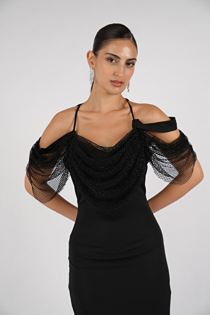 Opera Fashion Black Crepe Evening Dress with Swarovski Crystals- Trendyol