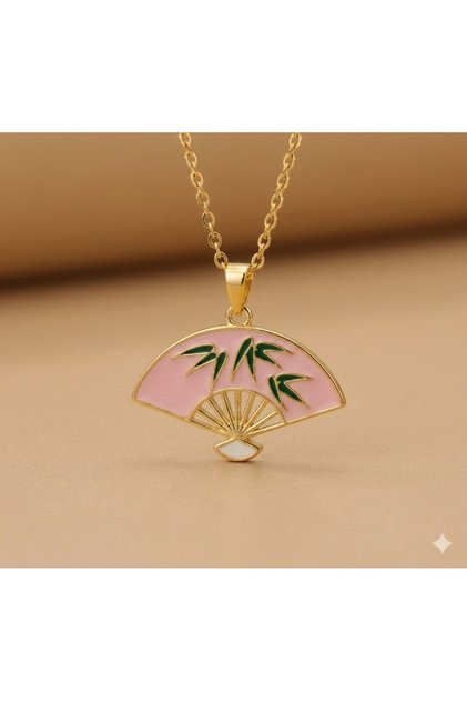Pink Fan Steel Necklace - Gold Pink Fan Necklace with Leaf Detail