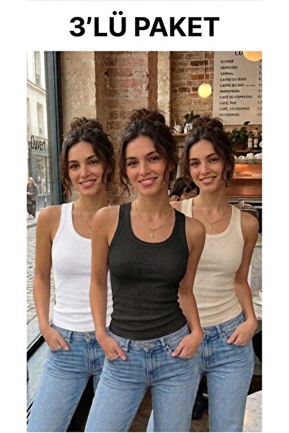 بلوزة نسائية بدون أكمام من 3 قطع بياقة هالتر باللونين الأسود والأبيض والكريمي، بدون أكمام، من الليكرا، مناسبة للاستخدام اليومي